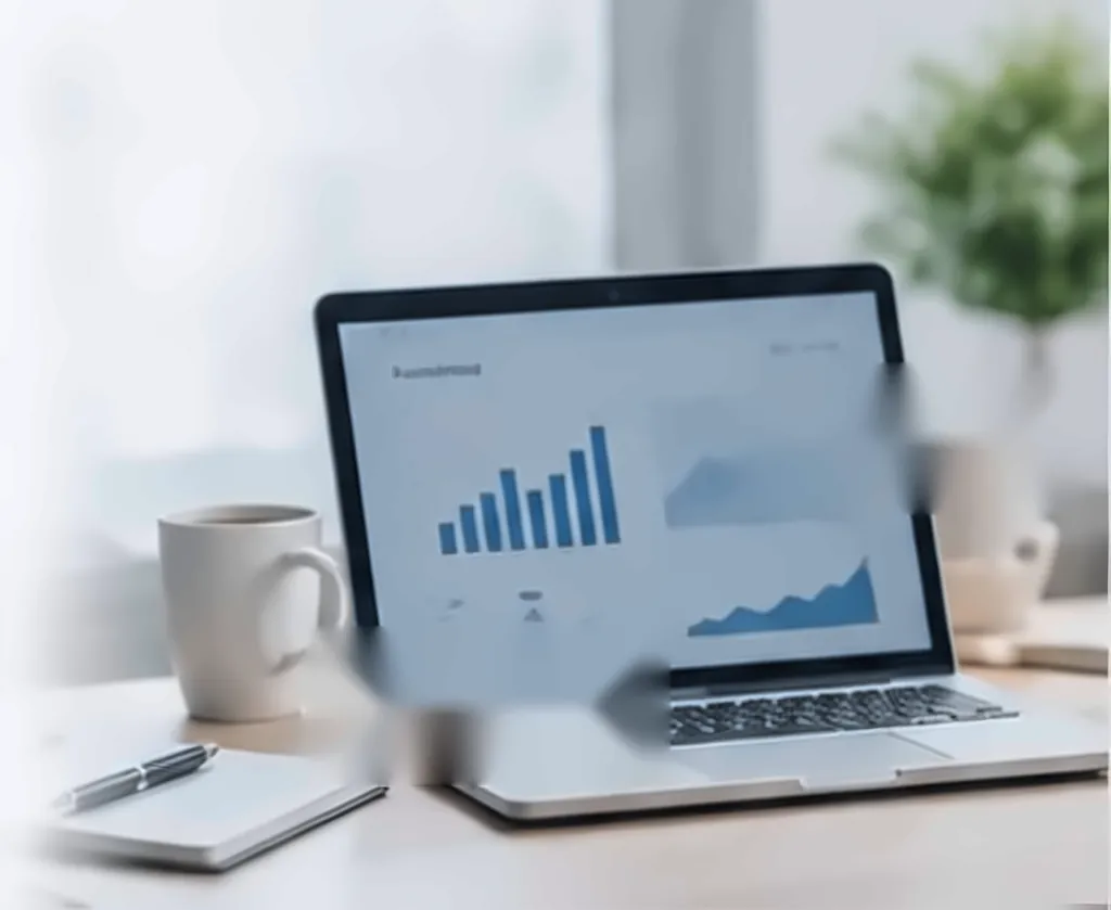 Laptop showing financial charts on a desk next to a coffee mug
