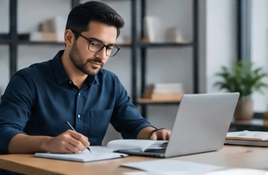 Accountant writing notes beside a laptop at his desk